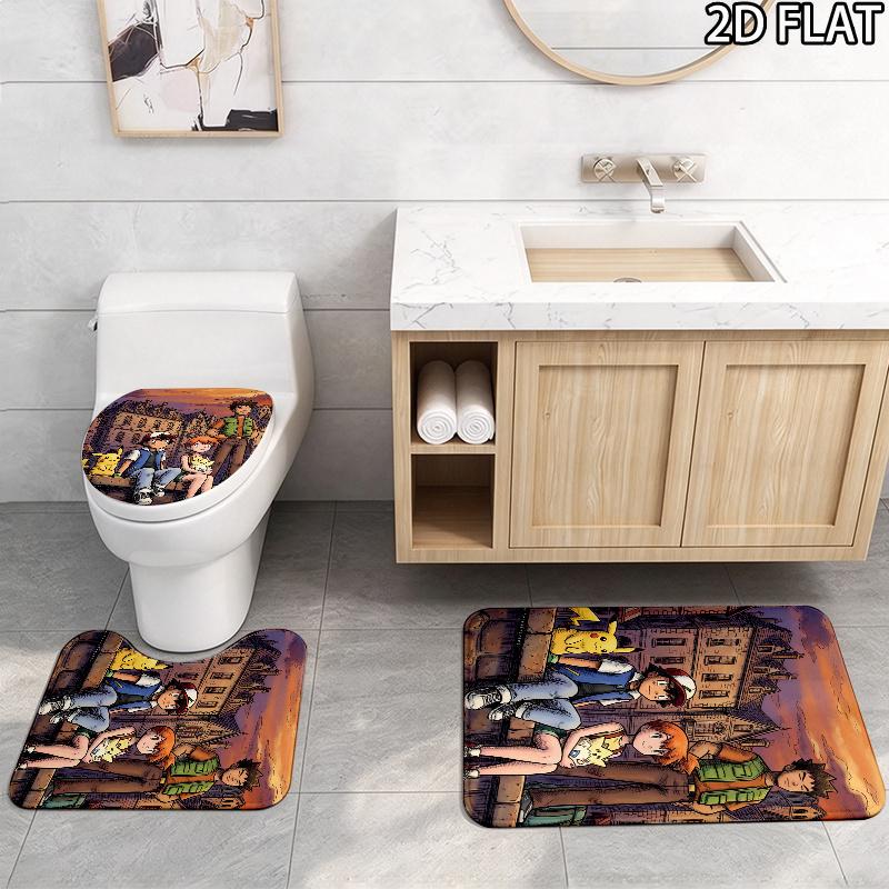 3pcs Ash Ketchum Pikachu Art Pattern Flannel Nonslip Absorbent Washable Decorative Bathroom Home Toilet Seat Cover Mat