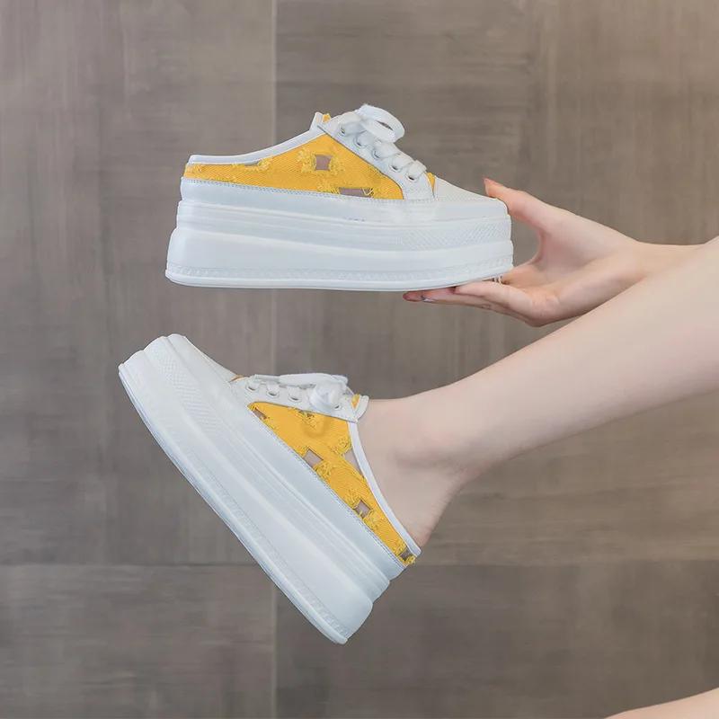 8cm Canvas Shoes Slippers Platform Wedge Sneakers Slides Mules Shoes for Women Fashion Summer Shoes Sandals Zapatillas De Mujer