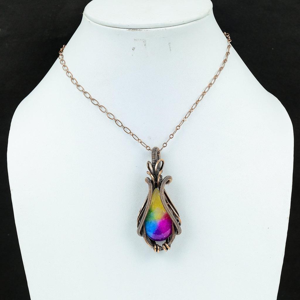 Funkelnder Regenbogen Solarquarz Edelstein Handgefertigter Kupferdraht Wickel Schmuck Anhänger Zum Geschenk