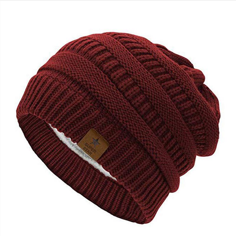 

Шерстяная вязаная шапка с пятиконечной звездой, уличная теплая шапка-пуловер с бархатом, осенне-зимняя лыжная шапка, подходит для мужчин и женщин One Size бордовый