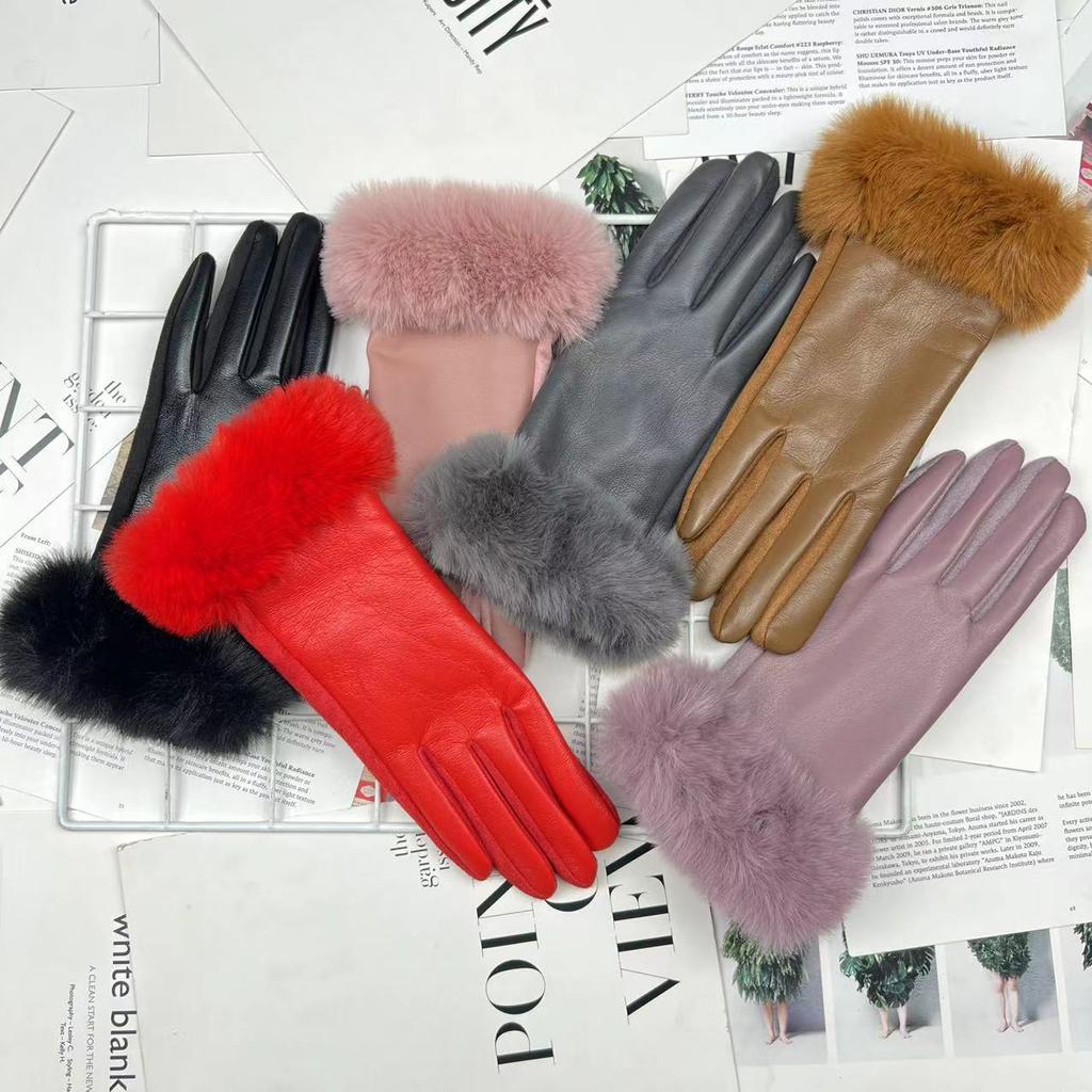 Gloves Pu Leather Deerskin Velvet Splicing Can Touch Screen Windproof Velvet Thickened Outdoor Riding Driving Leather Gloves Women
