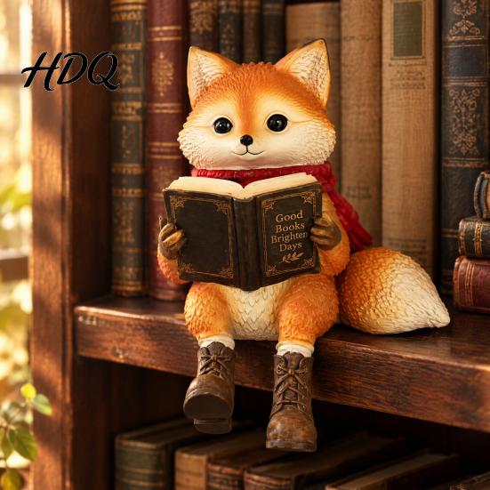 Artistic Resin Cat Sculpture Reading Owl/Fox Figurine with Dangling Legs Shelf Sitter Statue Open Book Glasses Red Scarf and Boots Rustic