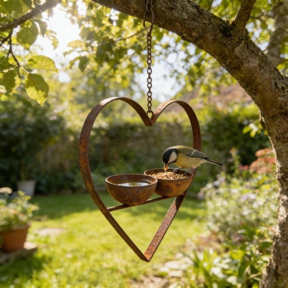 Double Bowl Hanging Bird Feeder Iron Art Bird Feeding Station Heart Shape Bird Feeder  Outdoor Use