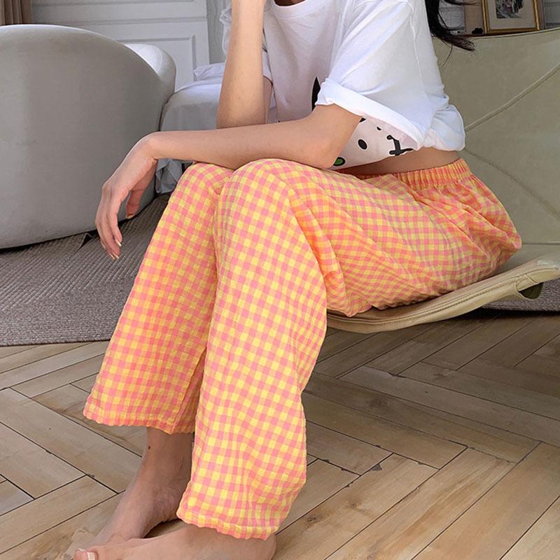 Korea Plaid Trousers Pajama Female Home Walking Leisure Green Loose Wide-legged Sleep Bottoms Casual Elastic Waist Pajama Pants