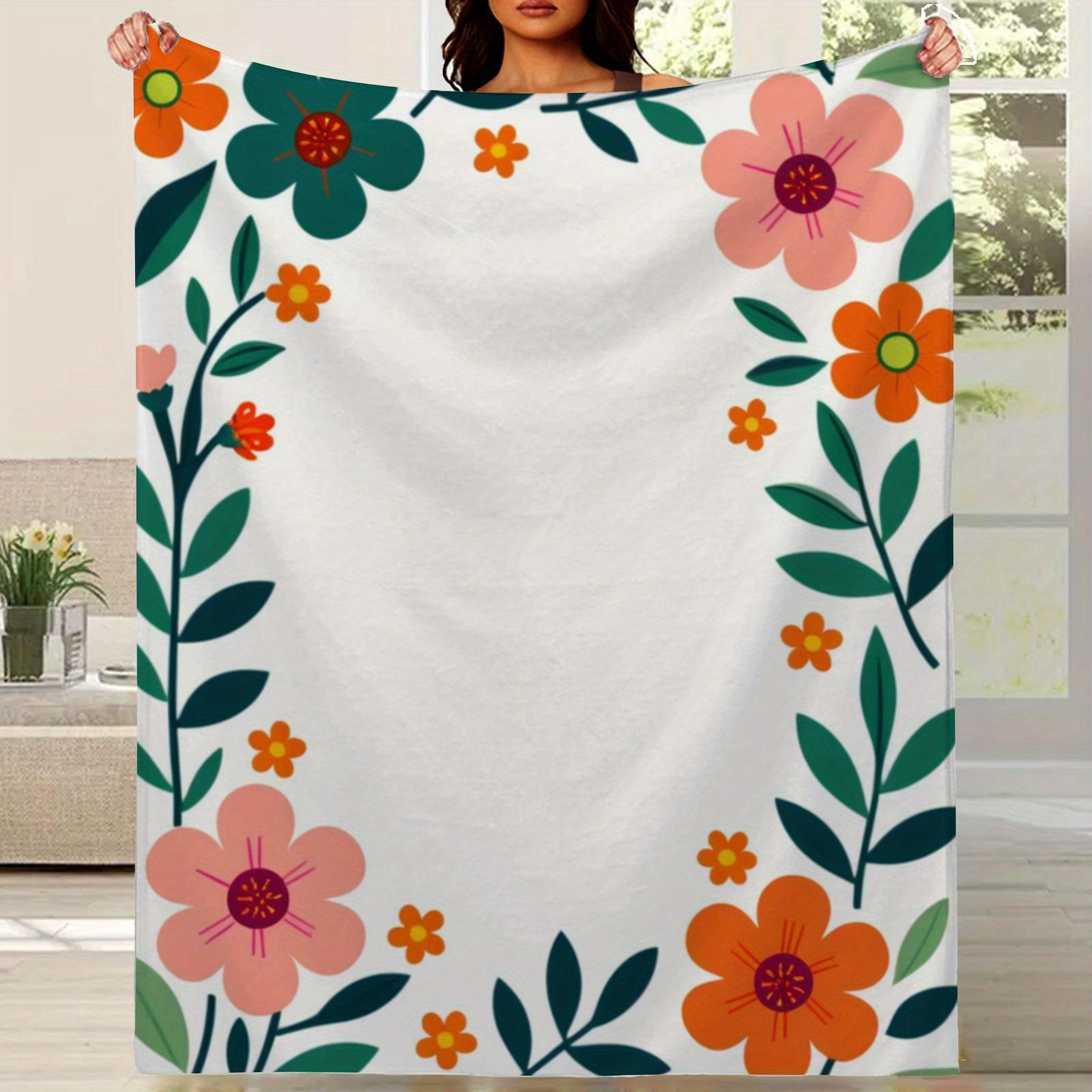 Luxury 280GSM Flannel Blanket - Soft Warm All-Season Pink Peach Green White Coral & Olive Leaf Floral Border Throw, Oversized Be 75X95CM