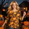 Women's Casual Halloween Graphic Top Three Quarter Sleeve Round Neck Skeleton Print Shirt for Fall Seasonal Wear