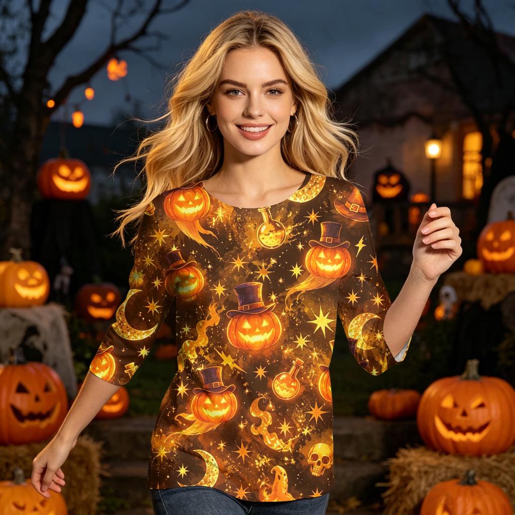 Women's Casual Halloween Graphic Top Three Quarter Sleeve Round Neck Skeleton Print Shirt for Fall Seasonal Wear