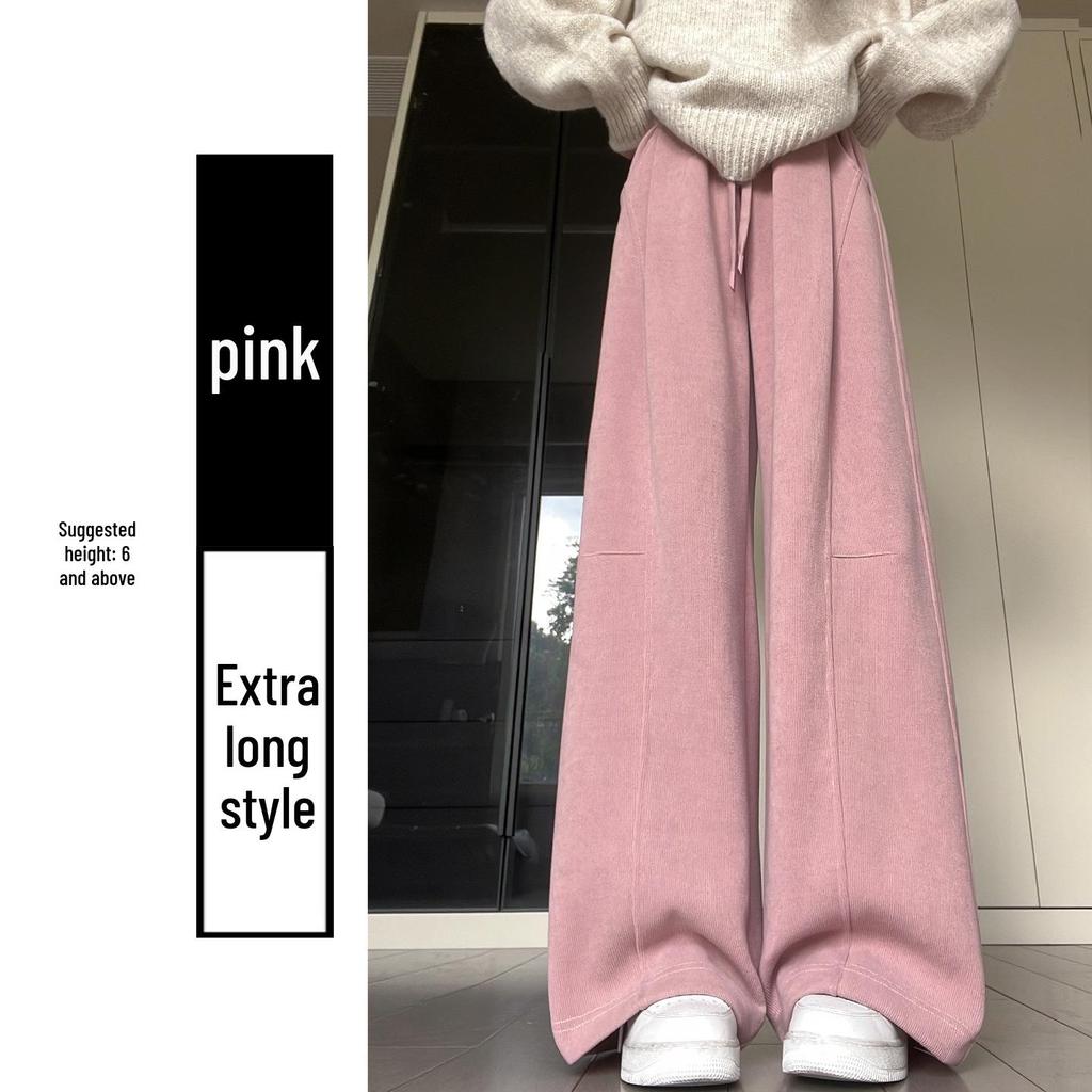 Women's High-Waisted Gray Corduroy Wide-Leg Pants - Autumn/Winter Plus Velvet Thickened Long-Leg Sports Sweatpants