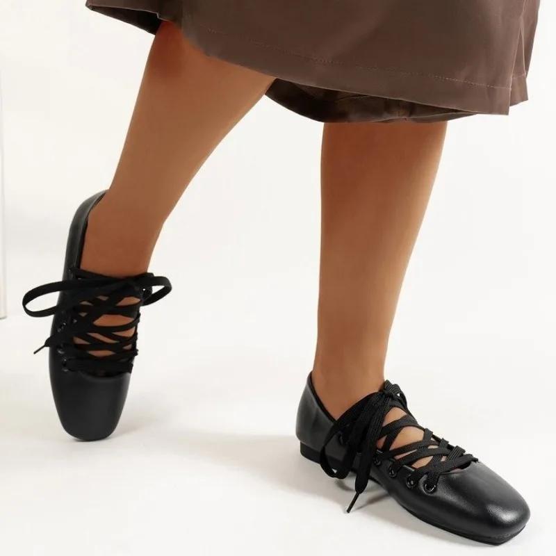 Fashion Autumn Ballet Flats Shoes Women Comfy PU Leather Shoes Luxury Women Square Toe Flat Mary Janes Casual Lace-up Ladies Shoes