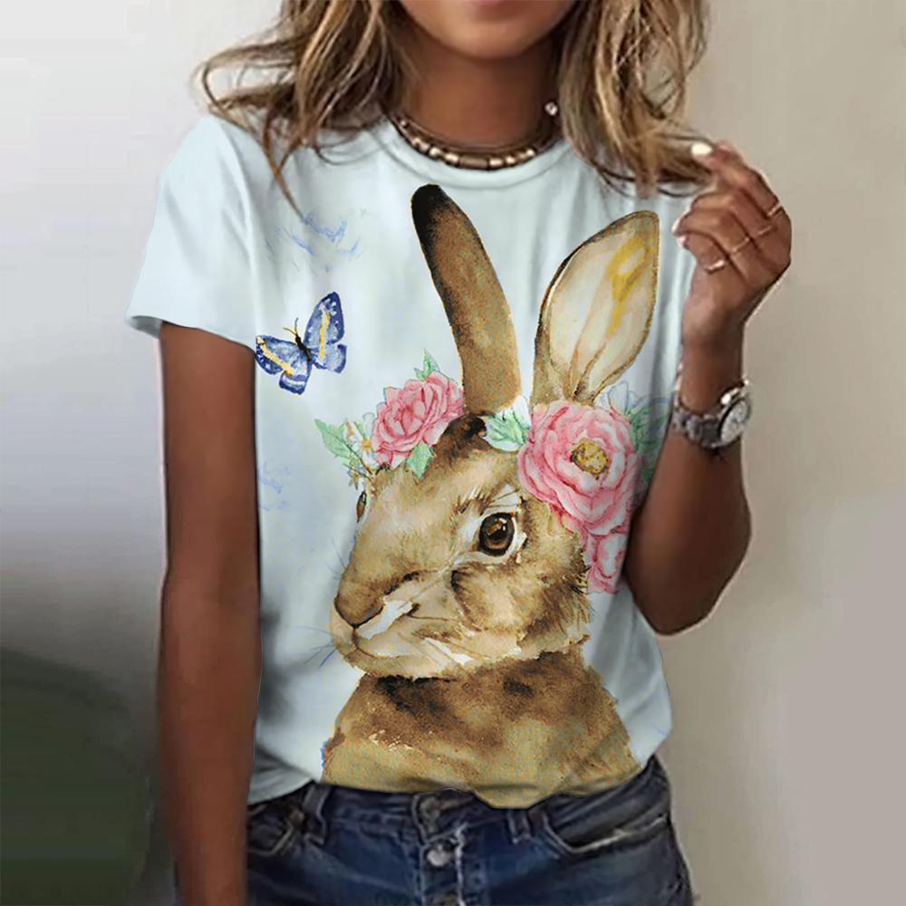 New Vintage Rabbit Print Women's T-shirt Plus Size Top 2024 Women's Clothing Fashion Short Sleeve Shirt Crew Blouse Summer