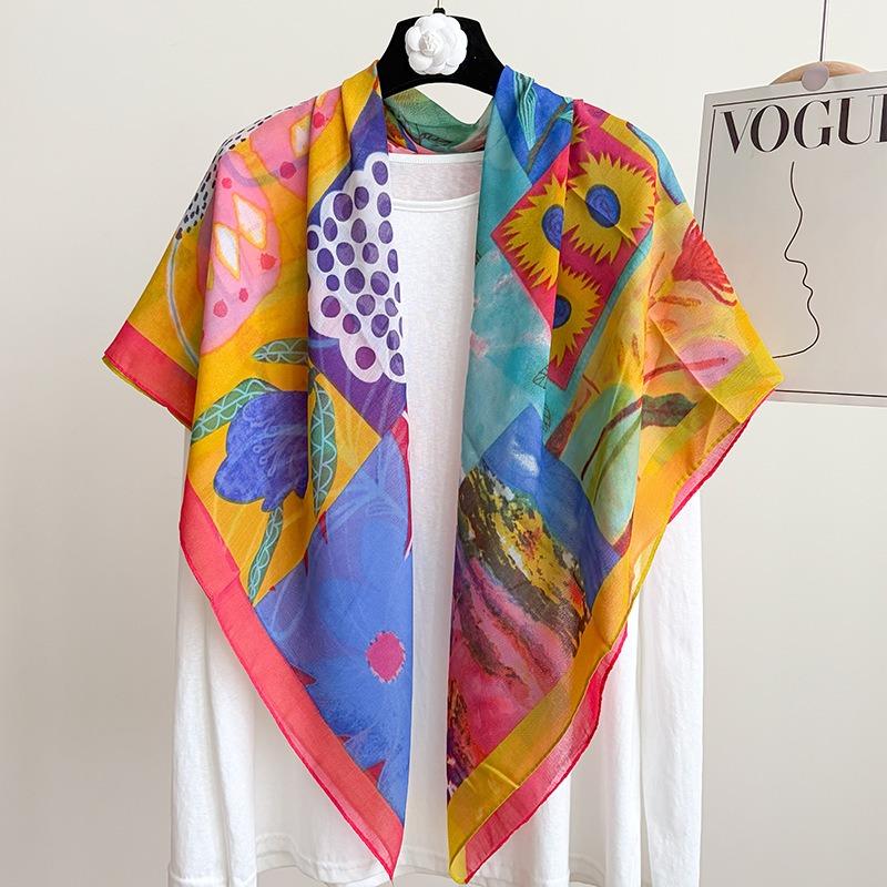 [Variety sunscreen shawl retro printed square scarf women's summer silk cotton silk scarf