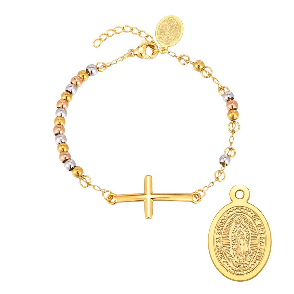 Women's Rosary Cross Virgin Mary Bracelet,Stainless Steel Vintage Charm Beaded Bracelets,Religious Prayer Jewelry Gifts