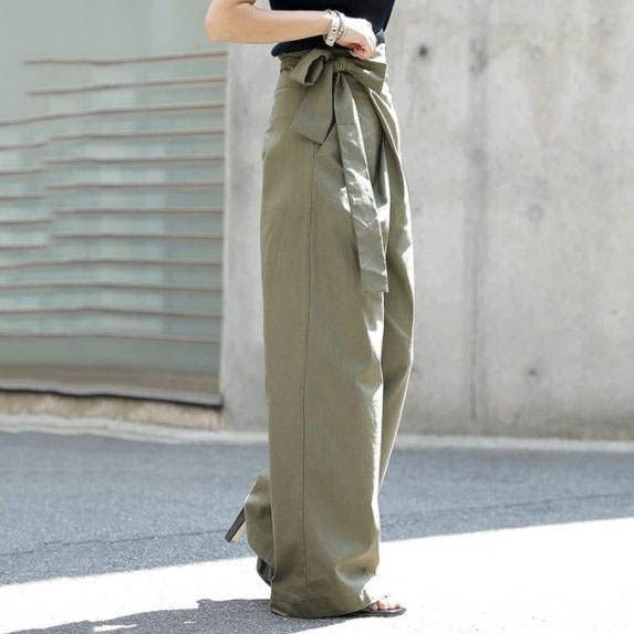 Casual Office Wide Leg Pants Army [JINJUDUO] Women's Pants, Lace-up, Plain, Casual, (L, Green)