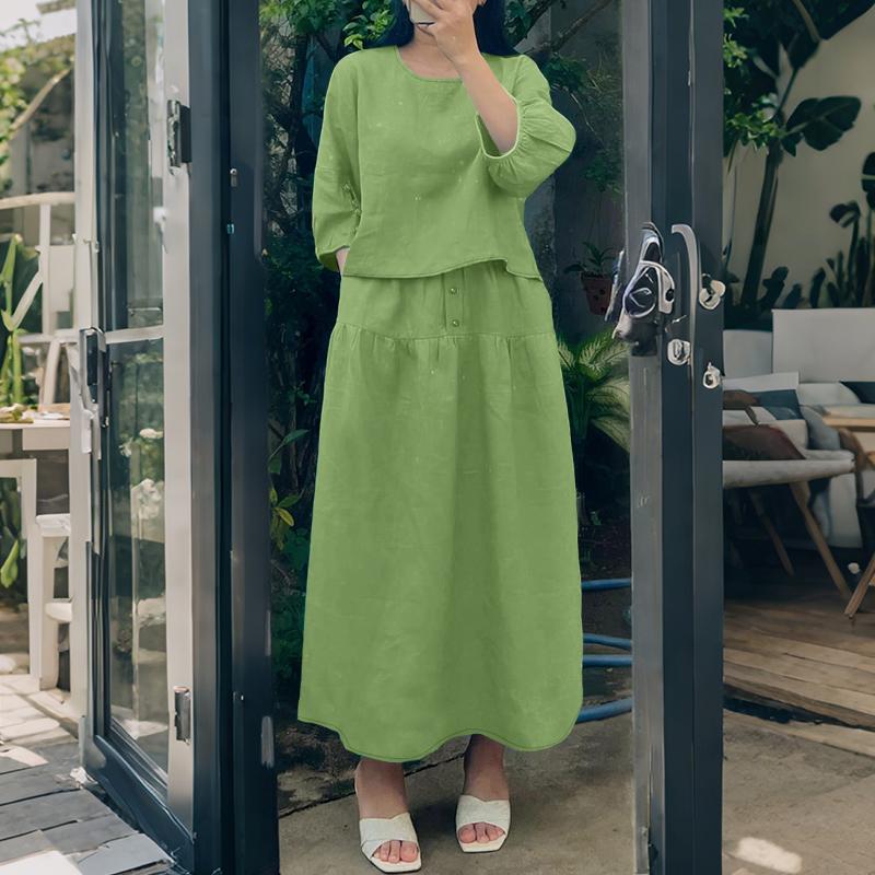 

ZANZEA Женская блузка с полурукавом и длинные юбки Летние костюмы-двойки L зелёный