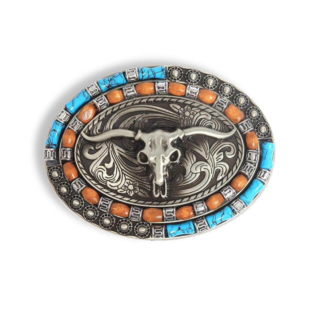 Western Cowboy Belt Buckle - Embossed Bull Head & Floral Design, Bohemian Waistband Accessory