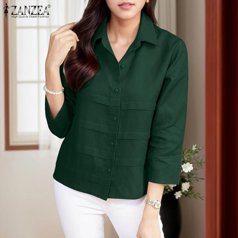 ZANZEA Blouse ample décontractée à manches 3/4 et col classique pour femme