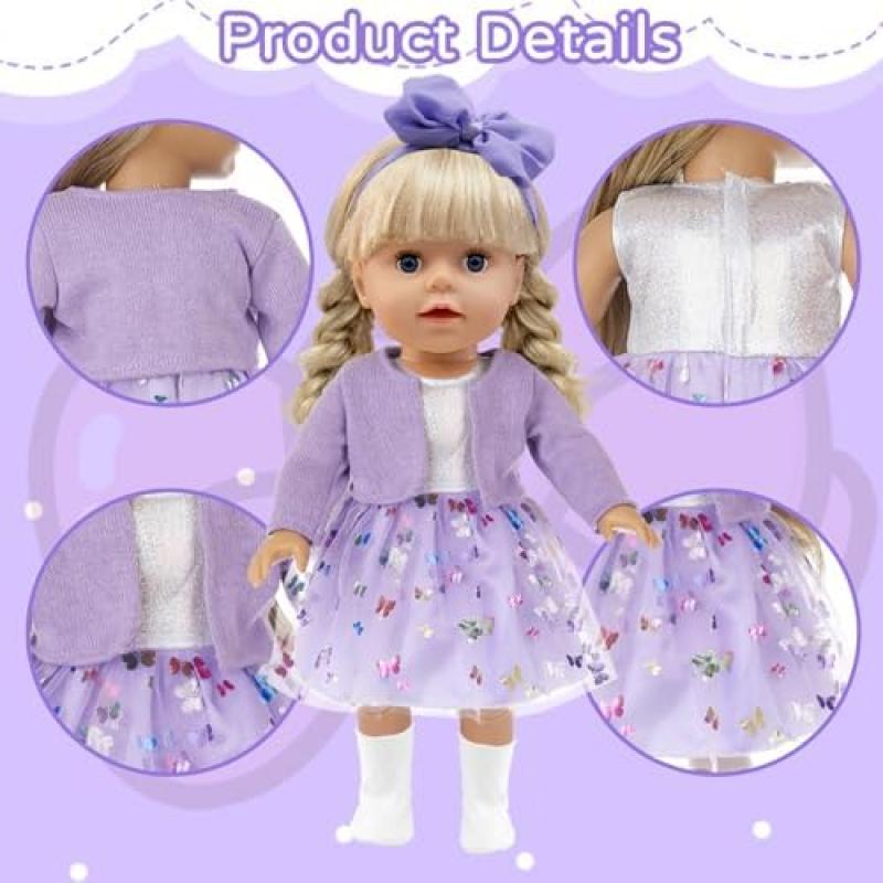 Xerteam 4-Piece Purple Doll Clothes Set for 36-43cm Girl Dolls, Includes Coat Dress Socks Butterfly Headband, 16-18 Inch Doll Accessories Gift