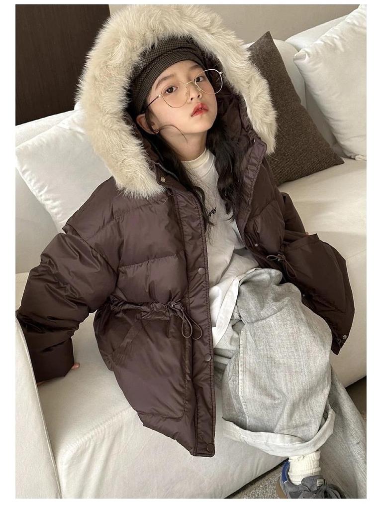 2024 Winter Kids' White Duck Down Jacket with Real Fur Collar, Hooded, Mid-Length for Boys and Girls