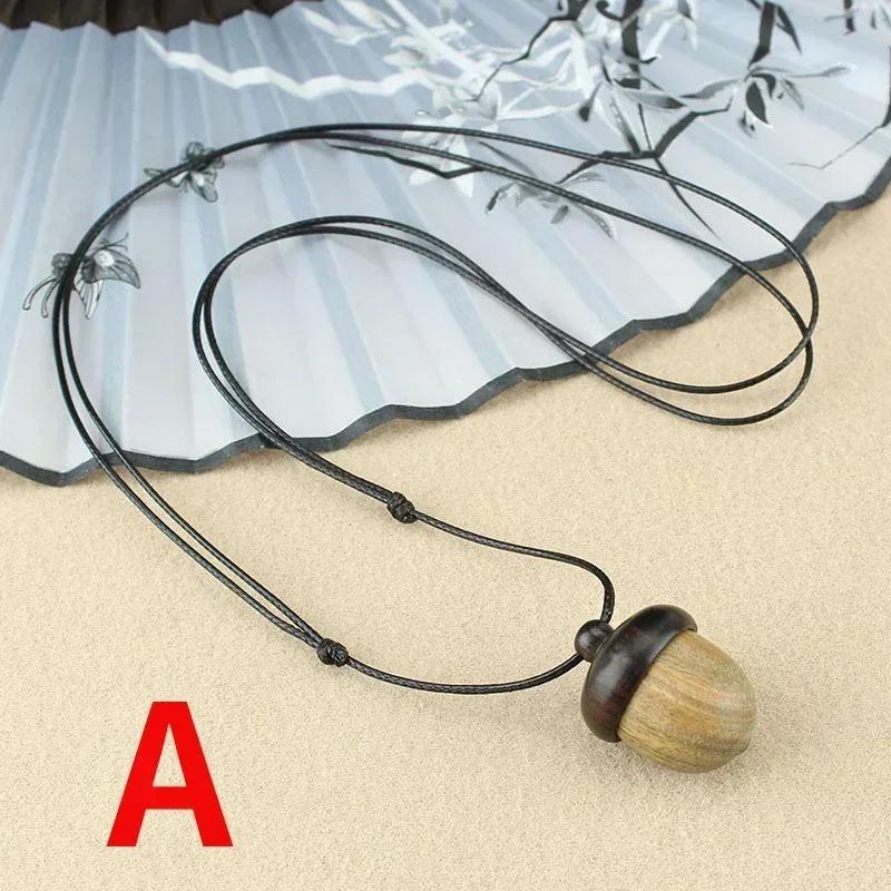 Vintage Sandalwood Acorn Pendant Necklace Simple Openable Acorn Shaped Box Pendant Long Sweater Chain Women's Minimalist Jewelry