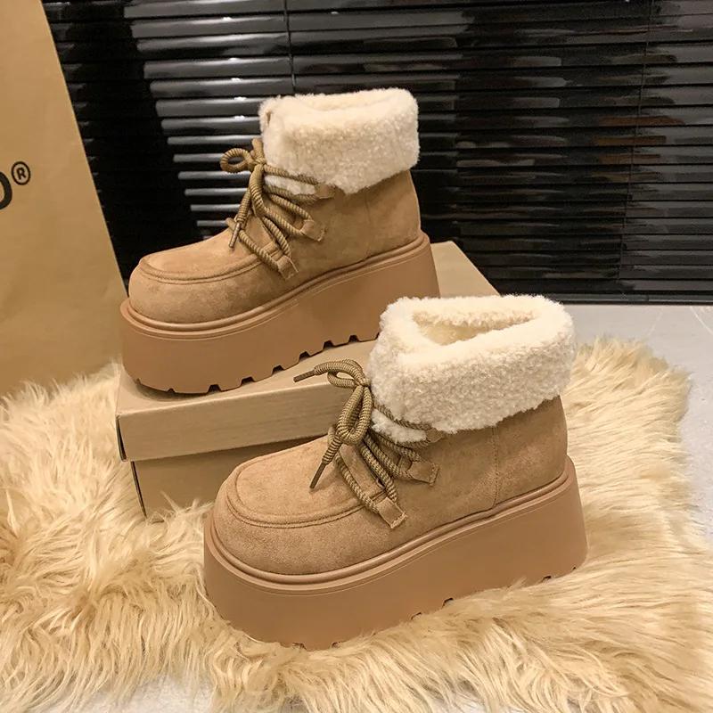 Fashion Winter Women's Boots Retro Suede Casual Ankle Boots Plush Warm Boots Non Slip Platform Snow Booties Women High-Top Cotton Shoes