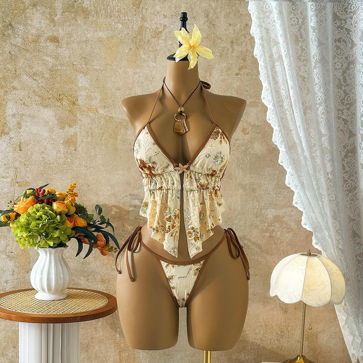 European and American sexy sequins flower seaside beach vacation split swimsuit bikini bikini S