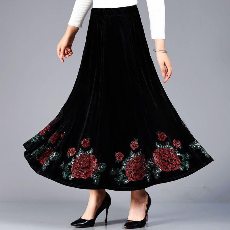 High-end Women's Velvet Skirt Spring Autumn Rhinestones High-waist Velvet Long Skirt Slim-fit Embroidered Plus-size Skirt