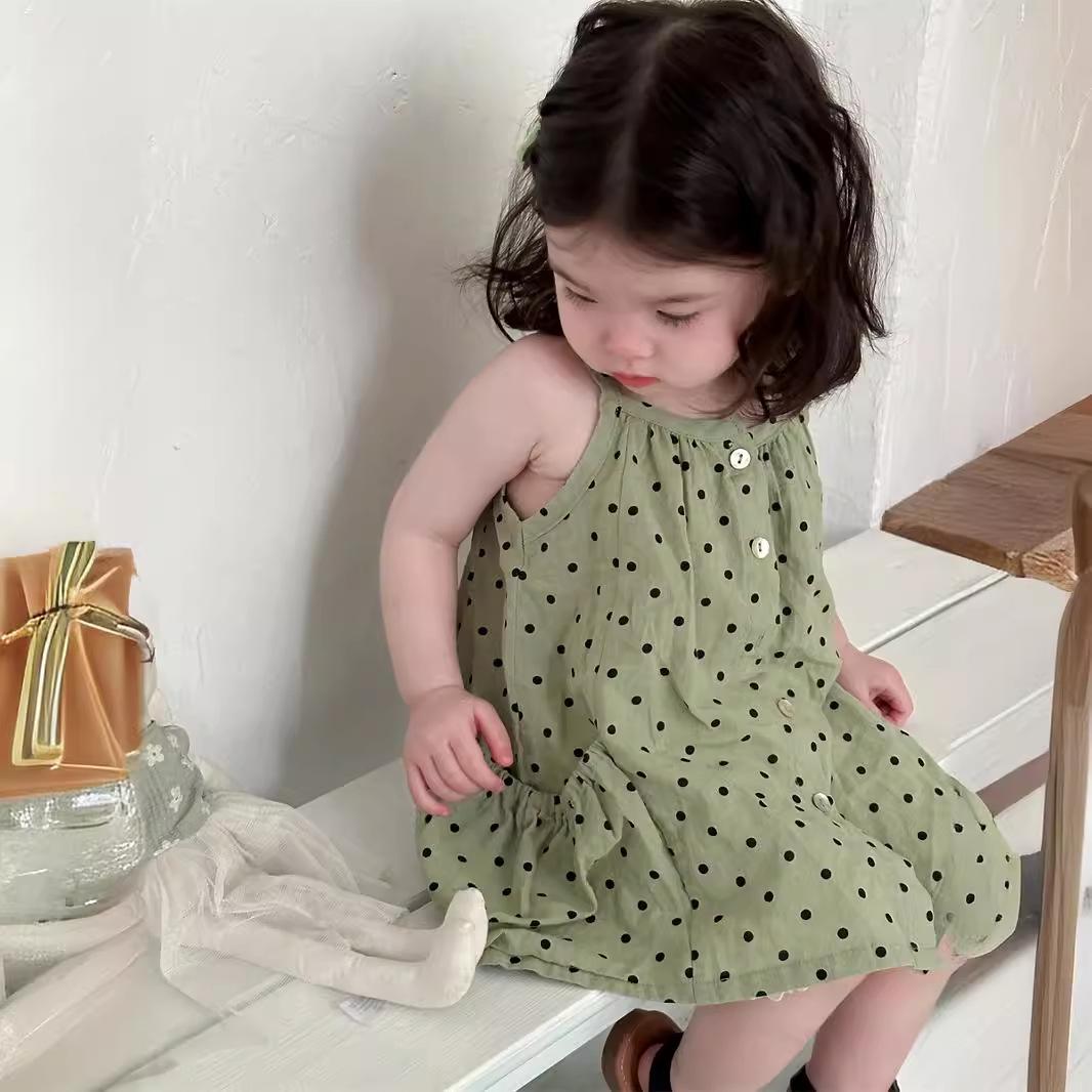 

Girls Korean-Style Polka Dot Camisole Dress Set - Summer Baby Clothes 100cm (Height)