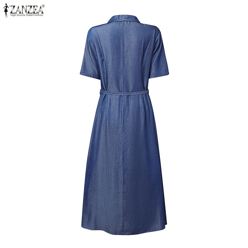 ZANZEA Women Turn Down Collar Summer Casual Short Sleeve Long Dress