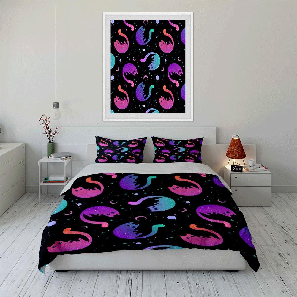 Galactic Cat Pattern Decor Setsuitable For Creative Indoor Decor. Exquisite Three-Piece Bedding Set Gift For Kids And Adults