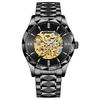 BINBOND Men's Automatic Mechanical Watch Skeleton Hollow Blue Dial Diamond Stainless Steel Waterproof Luxury Business Wristwatch