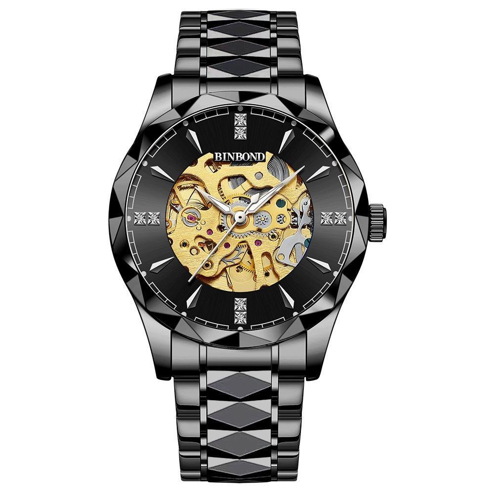 BINBOND Men's Automatic Mechanical Watch Skeleton Hollow Blue Dial Diamond Stainless Steel Waterproof Luxury Business Wristwatch