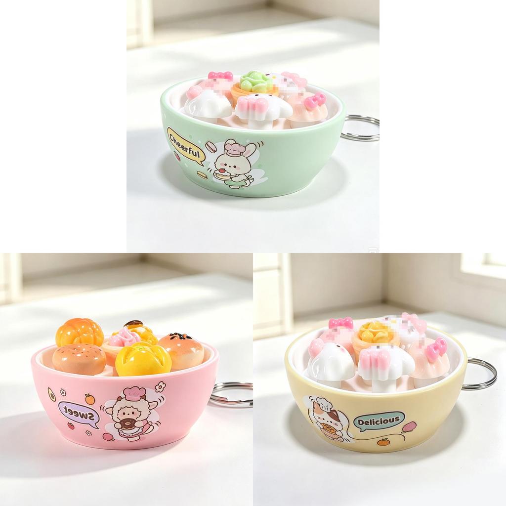 Plastic Mini Bread Squeeze Toy Keychain With Cartoon Pattern For Kids And Teens