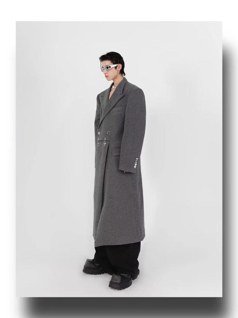 2025 Autumn Men's Plus Size Loose Wool Trench Coat with British Metal Detailing - Trendy Hong Kong Style