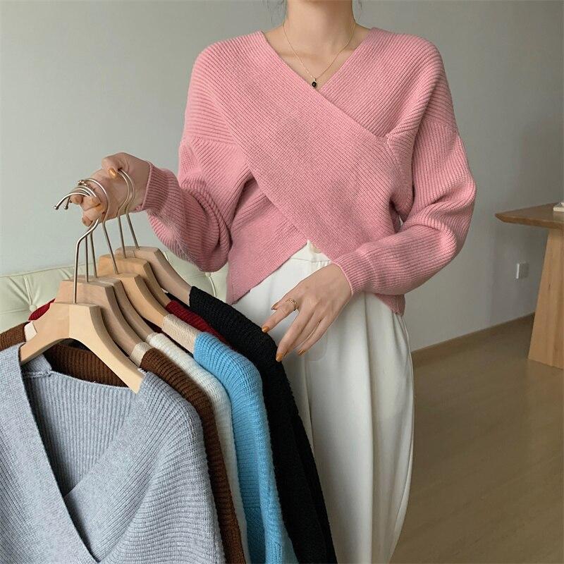 Autumn Loose V-Neck Women Knitted Sweater Vintage Office Lady Pullovers Sweaters Ladies Winter Korean Irregular Knitwears 28576