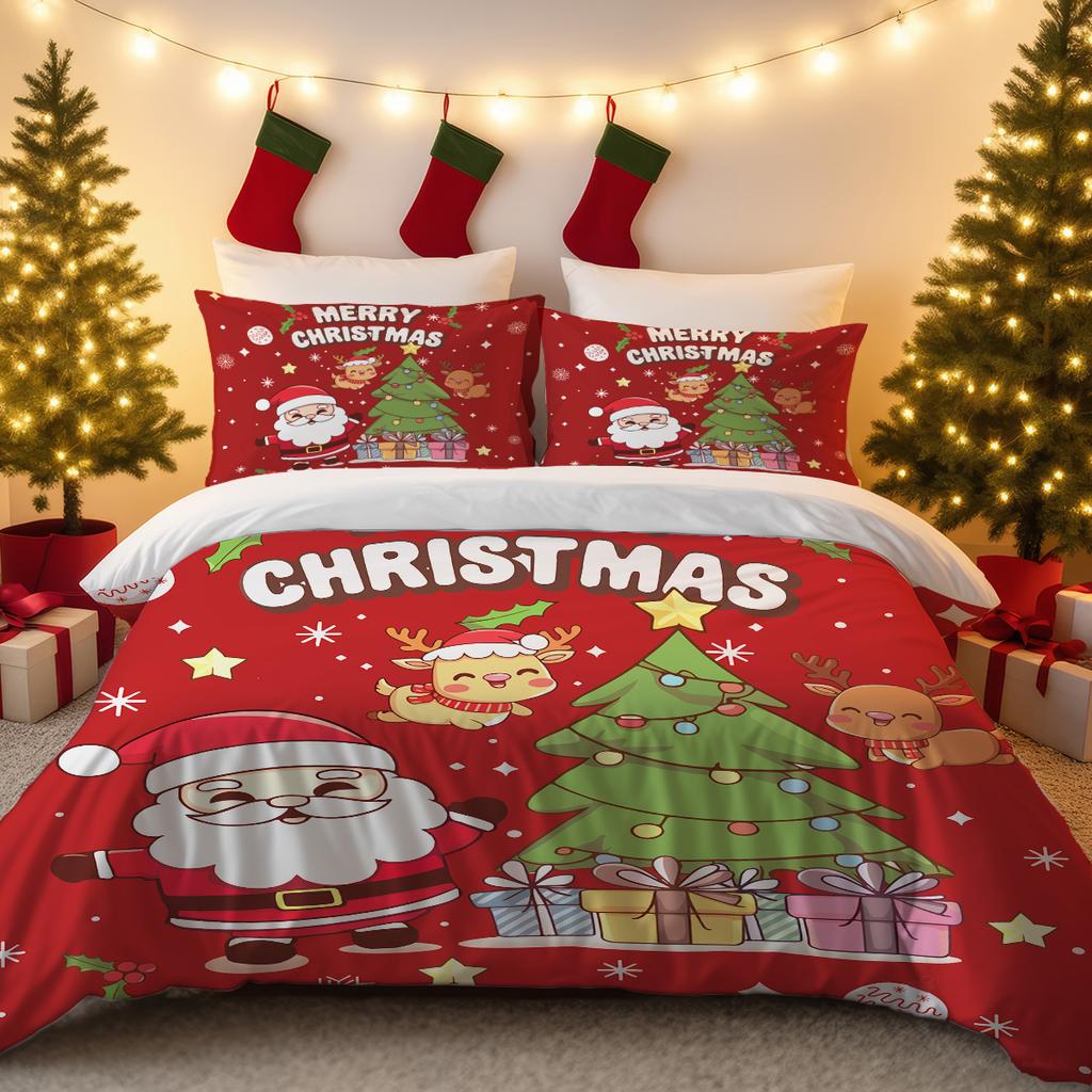3 st Tomte Julgranstryck Kärnlöst Täcke Set Sovrum Sovsal Sängkläder Dekoration Bekväm Maskintvättbar