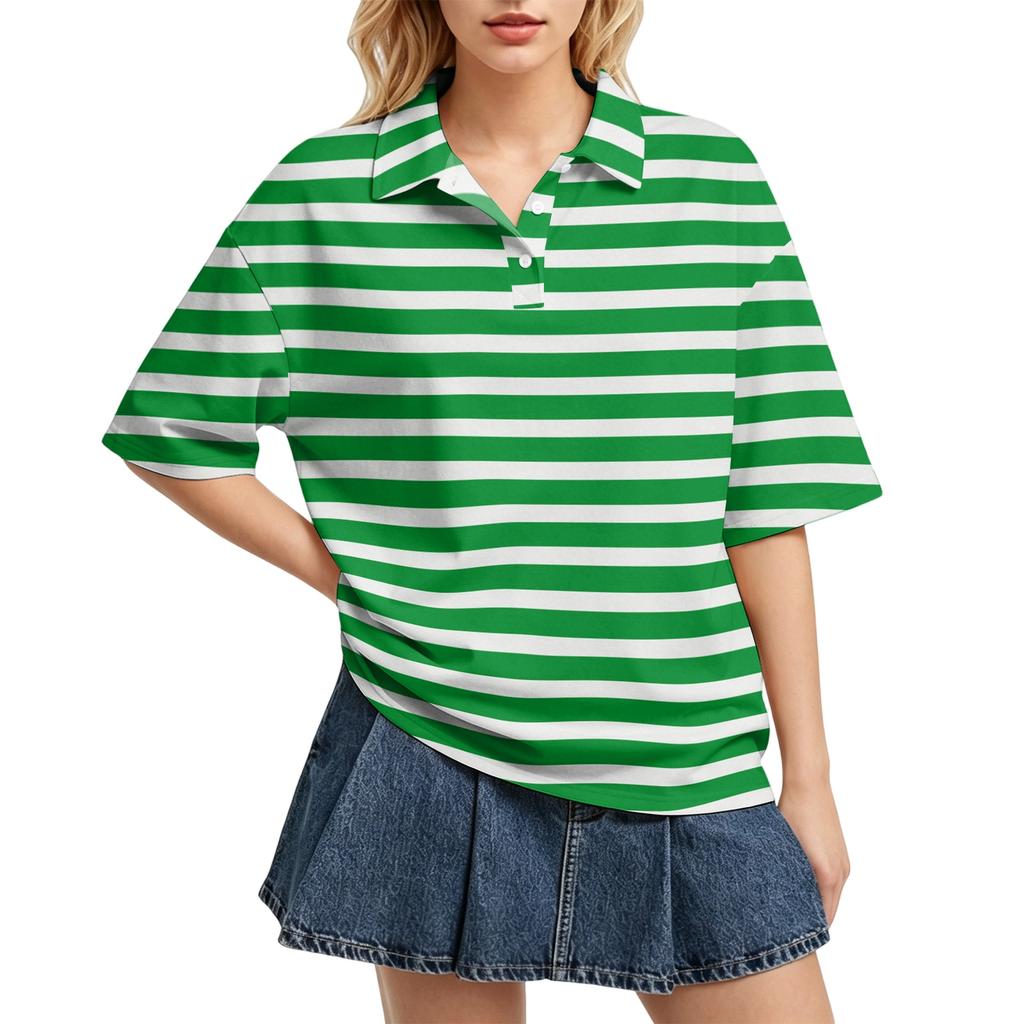 Camisa Polo Casual para Mujer de Corte Holgado con Mangas Cortas, Ligera, con Patrón de Rayas, Top de Verano con Cuello Clásico y Tapeta de Botones