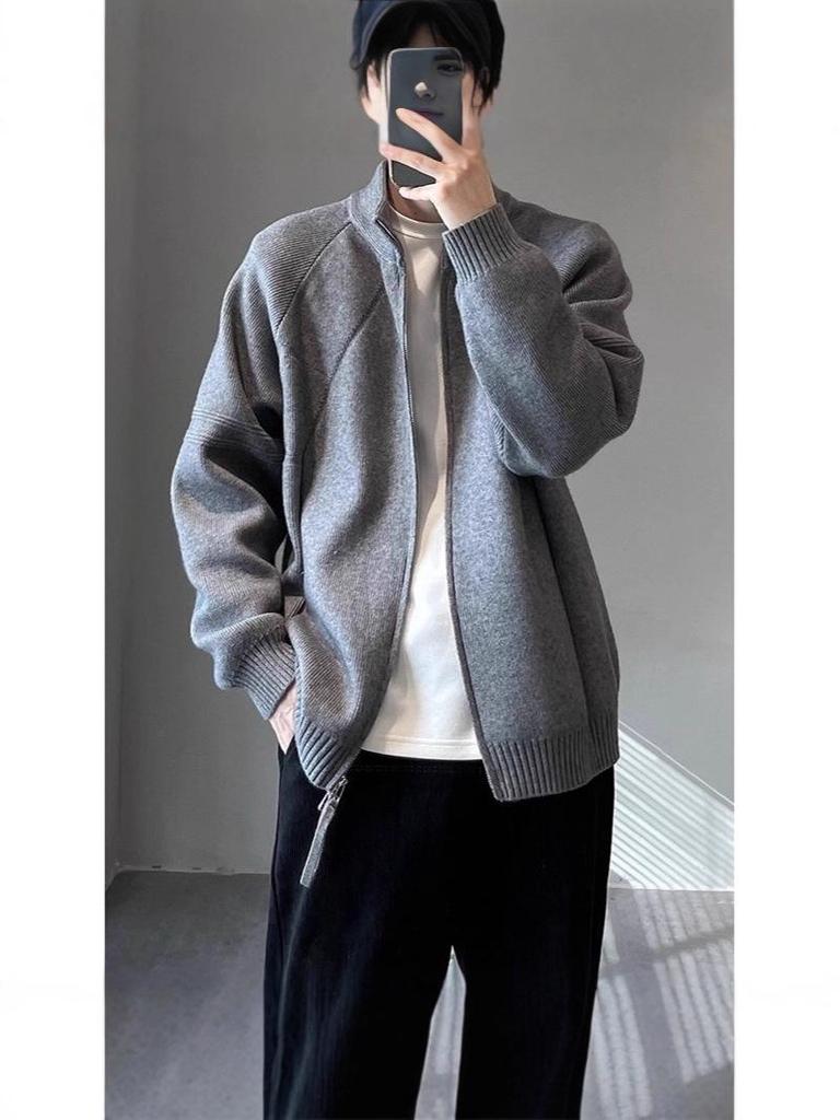 Men's Stand Collar Korean Style Double Zipper Knit Cardigan for Autumn/Winter