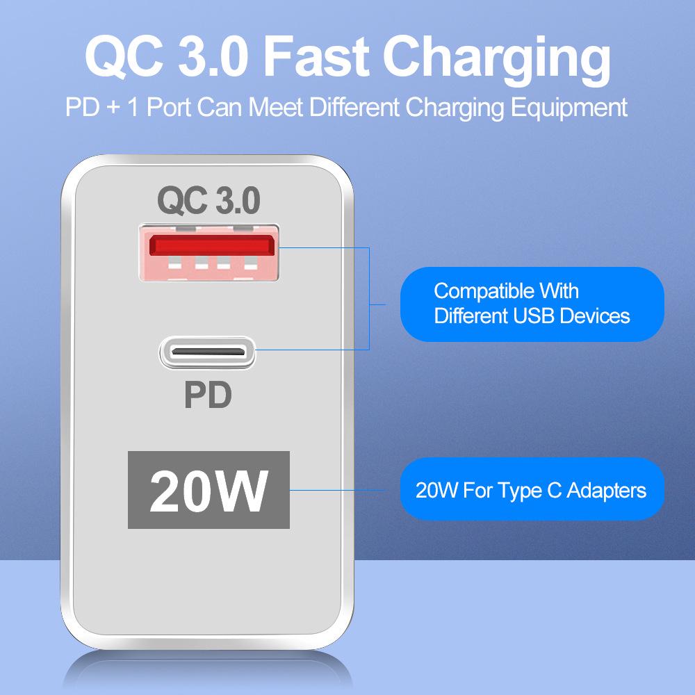 USB Travel Charger QC3.0+PD, 5V/9V/12V, EU/US Standard, Fast Charging