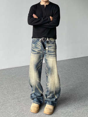 American vibe washed cat whisker gradual change wide leg jeans men's trend loose straight pants drape casual long pants