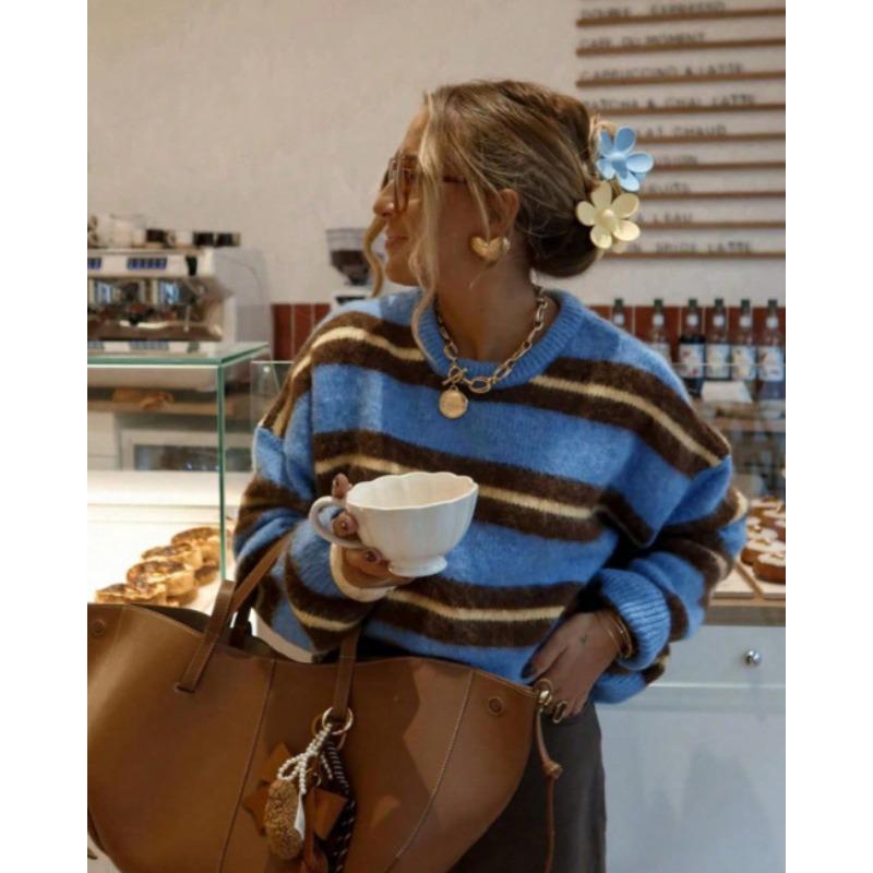 Damen S Locker Geschnitten Gestreift Rundhals Langarm Strickpullover Pullover