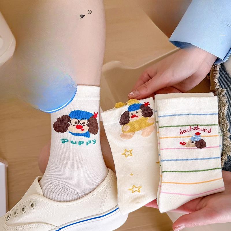 Women's Mid-calf Socks, Pure Cotton Spring and Autumn Thin Pile Socks, Trendy Socks, Cotton Socks, Summer Cartoon Striped Dachshund