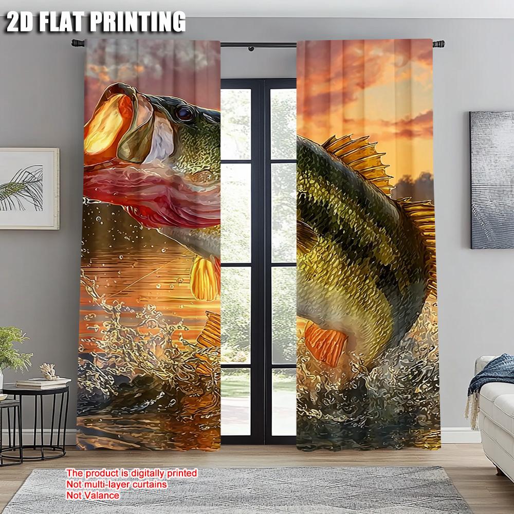 2pcs,2D Plane Printing Window Curtain Fishing Enthusiast Durable Polyester (without Rod) Outdoor Decorations for Season Home
