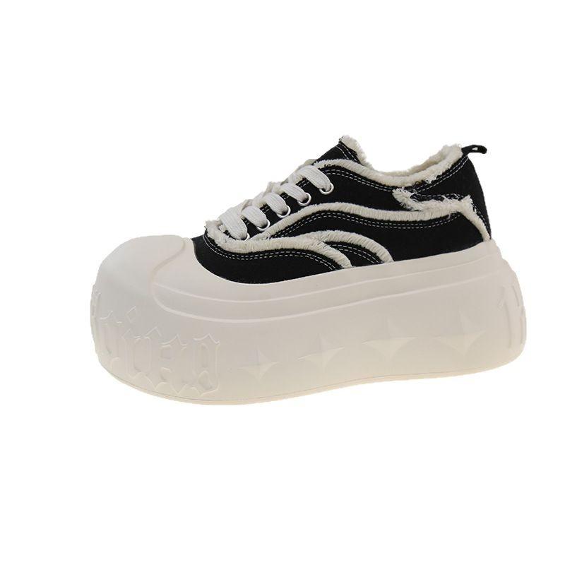 2025 ins denim lace-up platform muffin casual shoes board shoes dissolving shoes 7cm women's shoes tide increases and looks thin