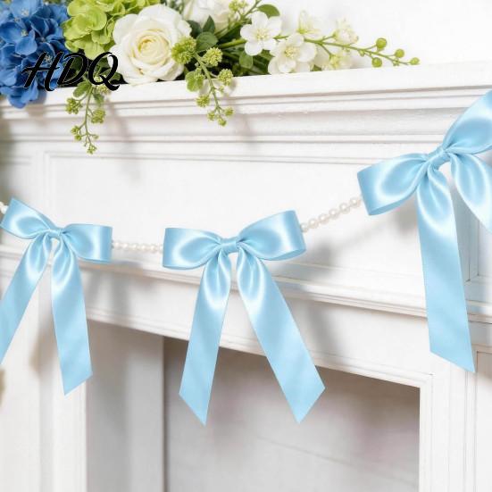 Bridal Shower Photo Props Bow Garland Banner Satin Ribbon Bows with Faux Pearl Chain 2m Bowknot Banner for Wedding Wedding Shower Bachelorette