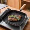 Steak Grill Pan with Wooden Handle 8.7in Thickened Bottom Even Heating Nonstick Grill Pan with Pour Spout for Indoor
