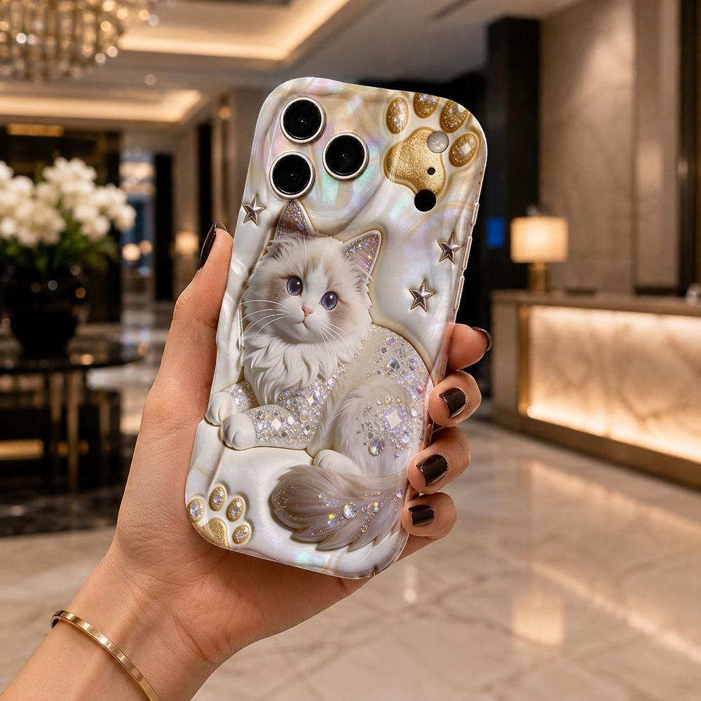 Full Rhinestone Ragdoll Cat Paw Star Wavy Edge Phone Case For iPhone 17 16 15 14 13 12 11 8 7 Plus Pro Max Bling Pet Cover