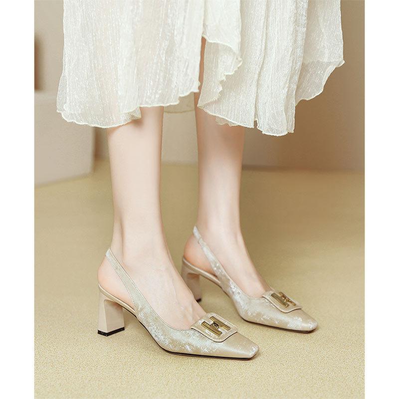 French Square Head Empty Single Shoes 2025 New Summer High-heeled Bag Head Sandals Women's Word with Thick Heels High Heels