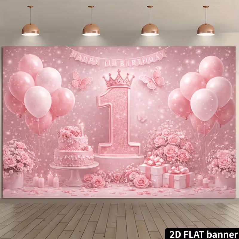 2D Pink Balloon and Cake First Birthday Backdrop Photography Background