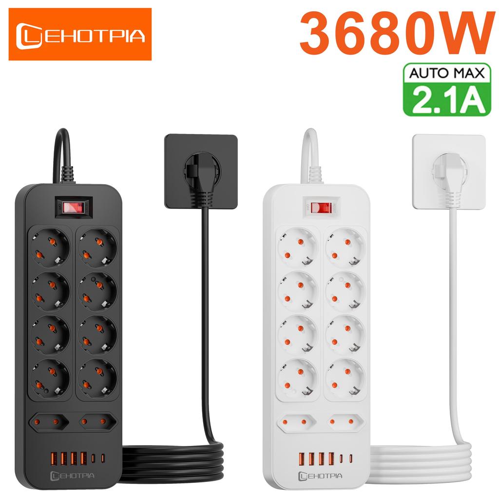 3680W EU zástrčka 10 AC zásuviek rozvodka 1,8m predlžovací kábel európska štandardná zástrčka zásuvka sieťový filter s USB C portami nabíjanie