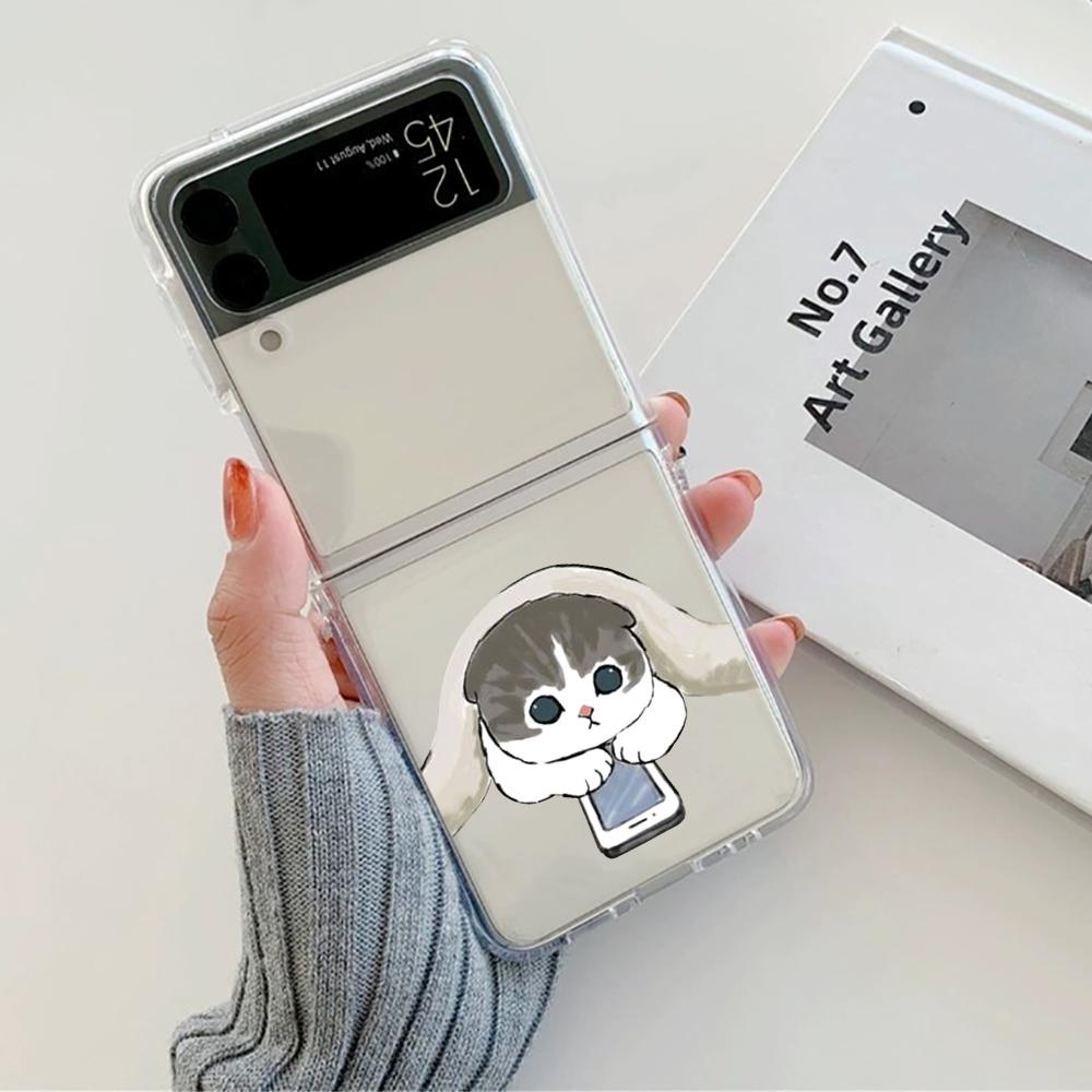 Cute Cartoon Cat Couple Phone Case For Samsung Galaxy Z Flip 6 ZFlip 5 Hard Transparent Cover for Samsung ZFlip 4 ZFlip3 ZFlip7
